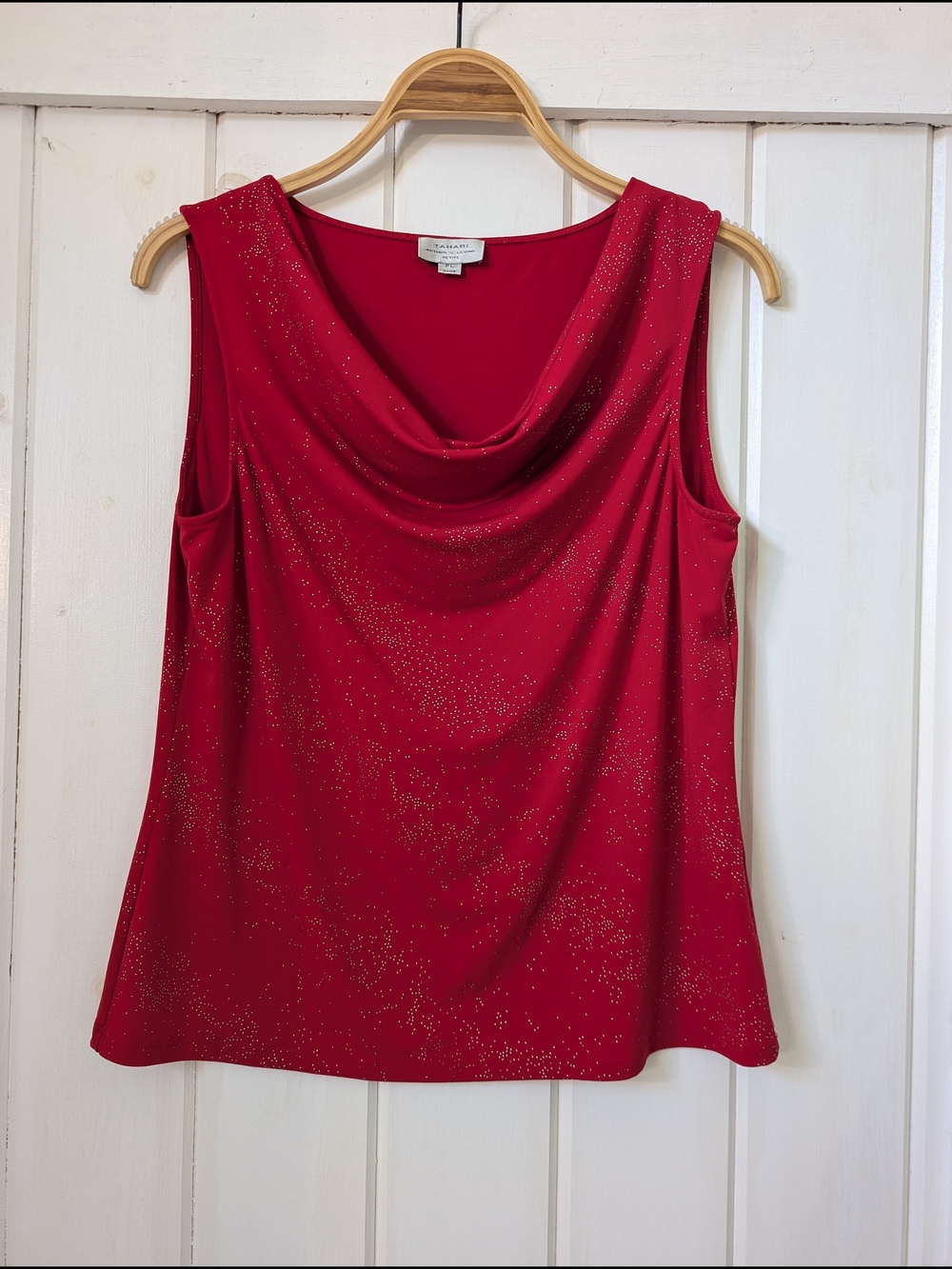 Tahari sleeveless top with a cowl neckline and subtle sparkly details | Red